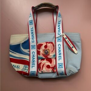 Authentic Chanel Surf Tote, Light Blue, Red & White Bag